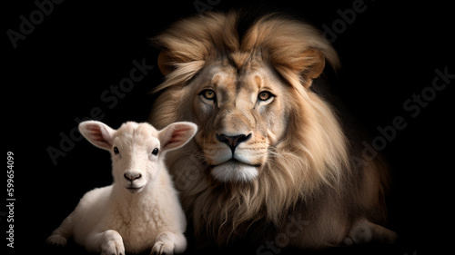 The Lion and the Lamb together. Image on black background created. Generative AI © Aram