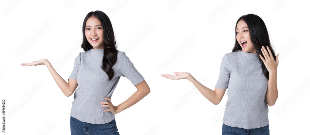 Young Asian woman opeing hand to empty space and looking hand Isolate die cut on transparent background - obrazy, fototapety, plakaty 