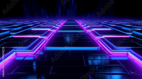 Futuristic Sci-Fi Background with Illuminated Reflective Neon Purple and Blue Grid Floors - Generative AI
