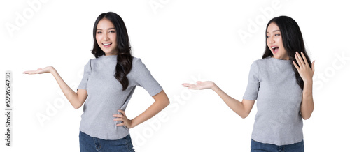 Young Asian woman opeing hand to empty space and looking hand Isolate die cut on transparent background