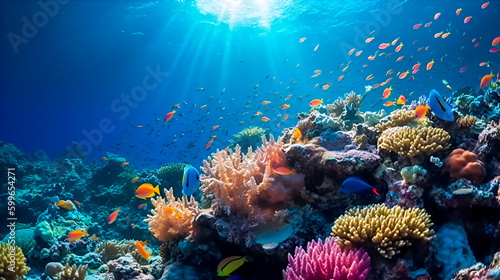 Ocean coral reef underwater with beautiful fishes and sun rays. Sea world underwater background. Okean wildlife. The concept of the underwater world, diving and snorkeling. Generative ai