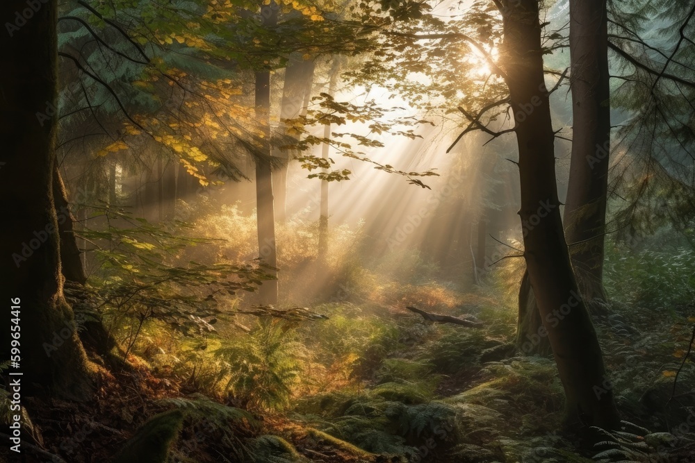 sunlight shining through the mist, a forest in golden light, created with generative ai