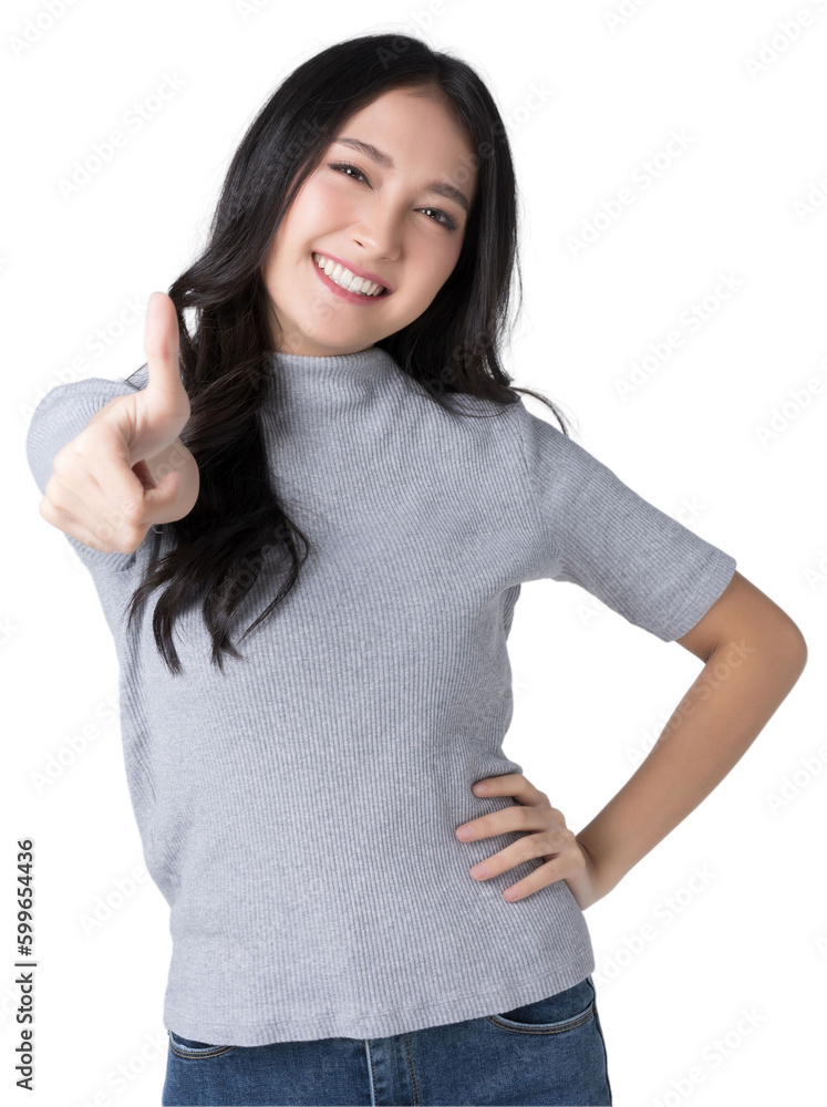 Young Asian woman showing thumbs up sign on hand Isolate die cut on transparent background Young Asian woman showing thumbs up sign on hand Isolate die cut on transparent background