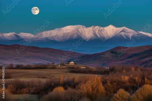 the harvest moon, shining above a picturesque mountain range, created with generative ai