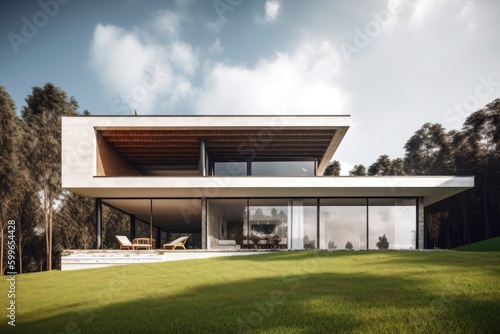 modern-style house with sleek and minimalist exterior design, contrasting with the natural beauty of the surrounding landscape, created with generative ai © Alfazet Chronicles