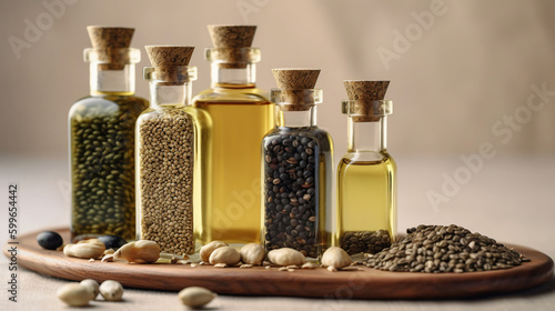 Board with bottles of hemp oil and seeds on light background, closeup, AI Generative