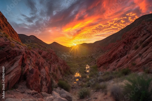 fiery canyon sunset, with the sun disappearing behind a mountain range, casting a warm glow on the red rocks, created with generative ai