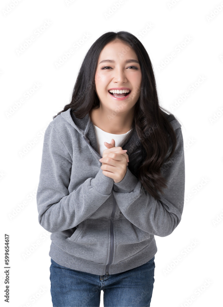 Young Asian cheerful woman making a begging gesture Isolate die cut on transparent background Young Asian cheerful woman making a begging gesture Isolate die cut on transparent background