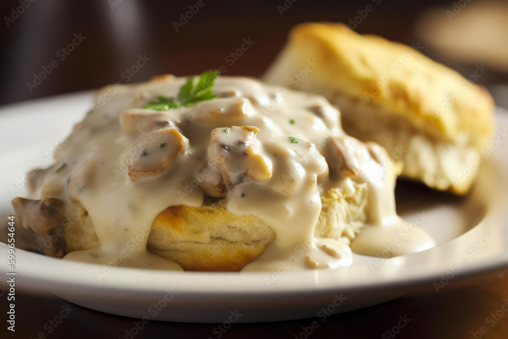 American biscuits from scratch covered with thick white sausage gravy. American biscuits from scratch covered with thick white sausage gravy.