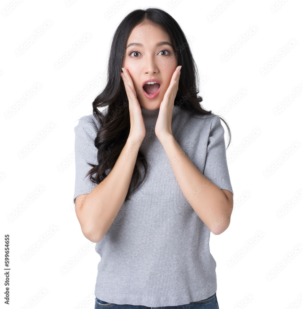 Young Asian doing a shocked surprise gesture with her hands on her face Isolate die cut on transparent background Young Asian doing a shocked surprise gesture with her hands on her face Isolate die cut on transparent background