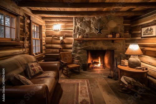 cozy cabin retreat with fire and marshmallow roasting on the hearth, created with generative ai