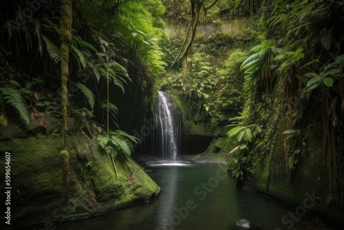 waterfall surrounded by lush greenery and wildlife  created with generative ai