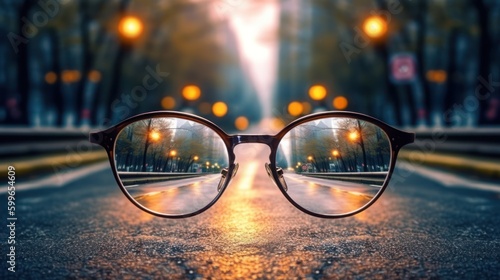 Journey to a bright future, glasses on the road, generative ai