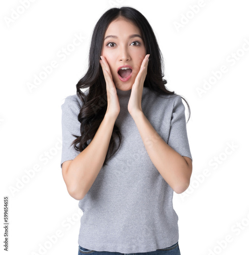 Young Asian doing a shocked surprise gesture with her hands on her face Isolate die cut on transparent background