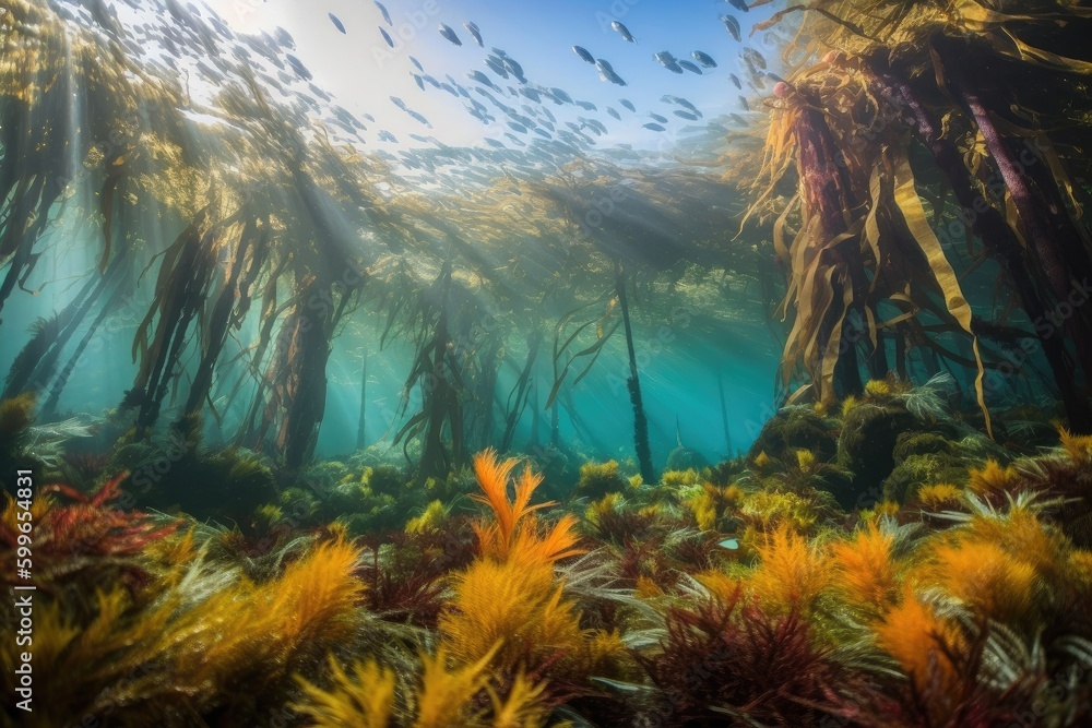 kelp forest with schools of fish swimming among the fronds, and brightly colored coral, created with generative ai