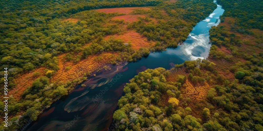 AI Generated. AI Generative. Photo realistic illustration of top view dron amazon river in the rain season. Adventure tropical explore vibe. Graphic Art