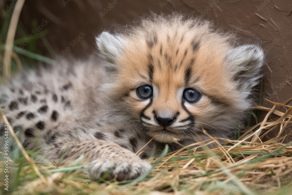 Obraz premium newborn cheetah lying in the grass, its spotted fur visible, created with generative ai