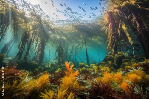 kelp forest with schools of fish swimming among the fronds  and brightly colored coral  created with generative ai