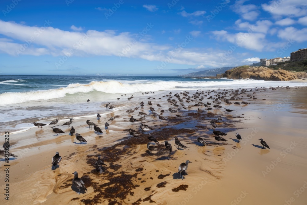 oil spill on sandy beach, with seagulls and pelicans flying overhead, created with generative ai