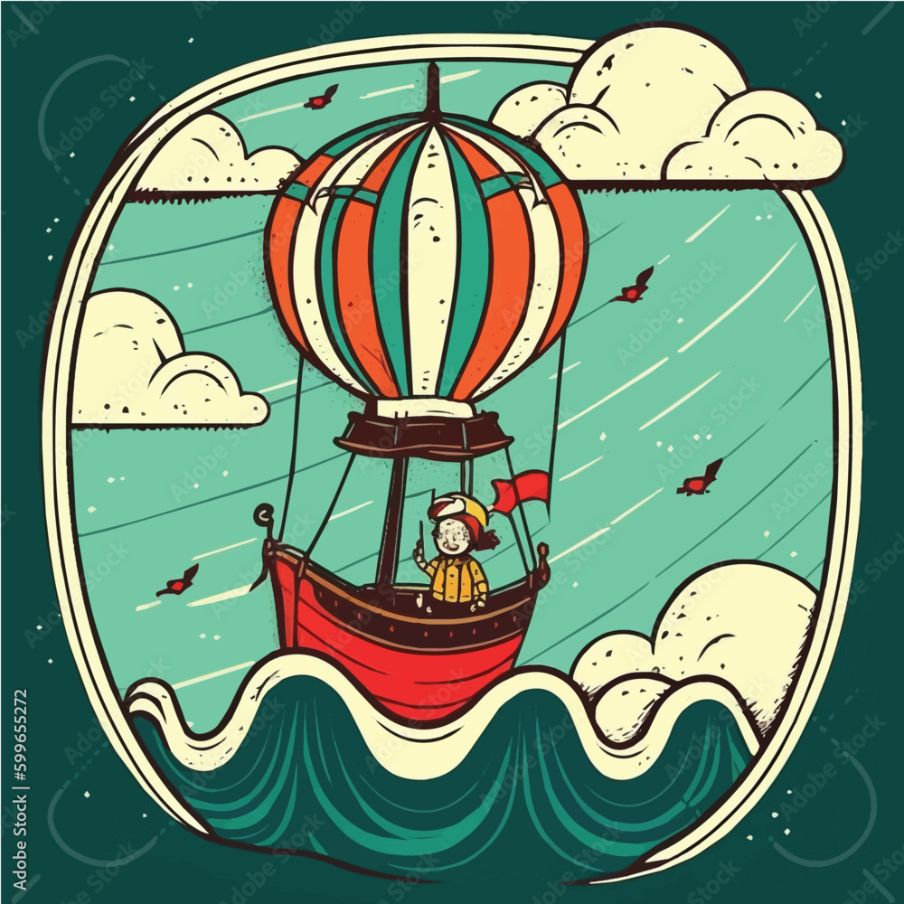 Vector illustration of a journey character Going on a hot air balloon ride ocean, hand-drawn, cartoonish, minimalist, comic
