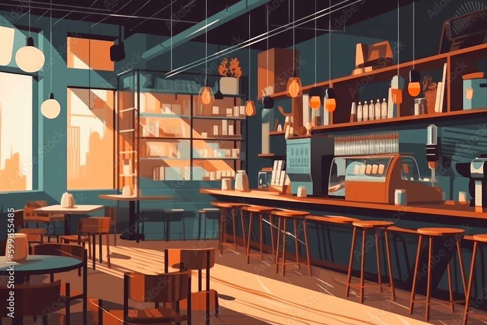 Empty cafe interior. Flat design vector illustration. Generative AI