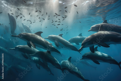 Underwater photo of dolphins. Generative AI