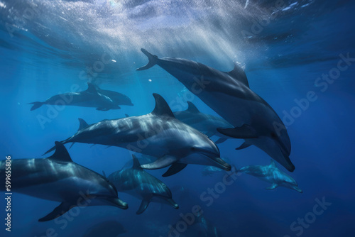 Dolphins swimming underwater in ocean. Generative AI © AIproduction