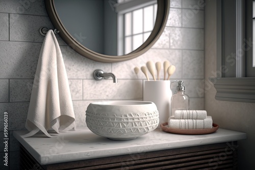 round white wash basin with floating soap and towels for guest bathroom, created with generative ai