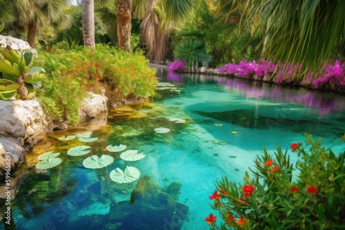 oasis with clear waters and colorful plants and flowers  created with generative ai