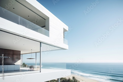 minimalist home, with view of the ocean and beach, created with generative ai