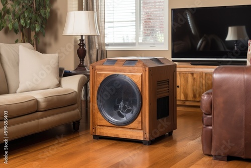 air purifier that is built into entertainment center, providing clean air to the room while also serving as a source of comfort and serenity, created with generative ai