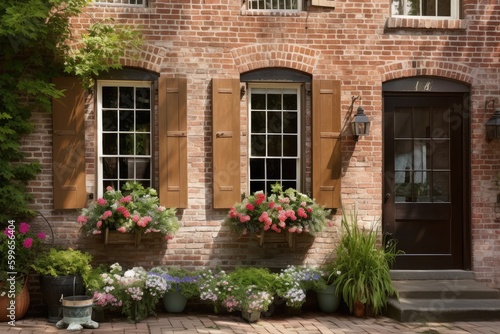 exposed brick exterior with traditional shutters and hanging baskets in the window  created with generative ai