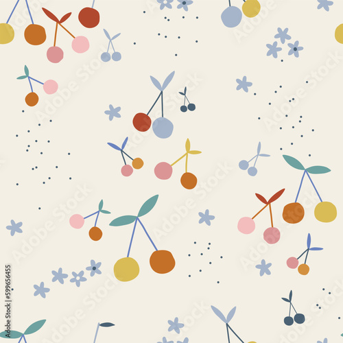 Decorative abstract cherry vector seamless pattern. Scandinavian childish summer fruity background. Baby surface design for textile fabric