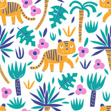 Tiger in jungle paper shape cutouts style vector seamless pattern. Scandinavian childish wild summer background. Baby surface design for textile fabric