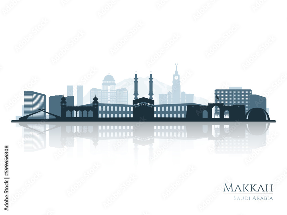 Naklejka premium Makkah skyline silhouette with reflection. Landscape Makkah, Saudi Arabia. Vector illustration.