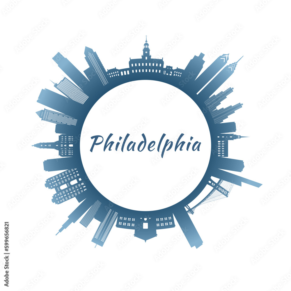 Philadelphia skyline with colorful buildings. Circular style. Stock vector illustration.