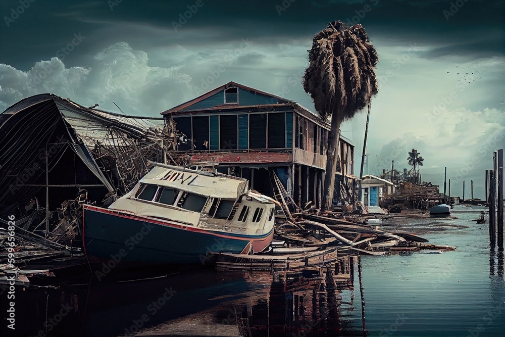 tropical cyclone bringing destruction to coastal city, with boats and ...