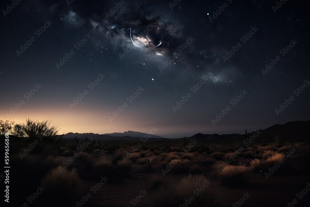 Naklejka premium night sky blanketed with glittering stars and a crescent moon over desert landscape, created with generative ai