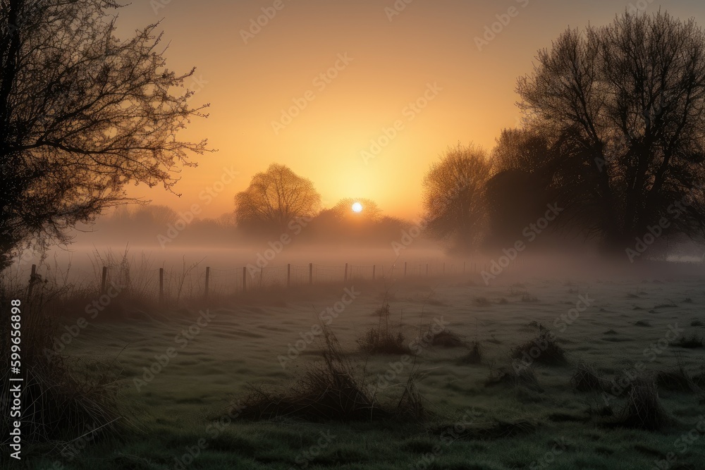 dawn mist hanging in the air over the meadows, with the sun rising gradually behind, created with generative ai dawn mist hanging in the air over the meadows, with the sun rising gradually behind, created with generative ai