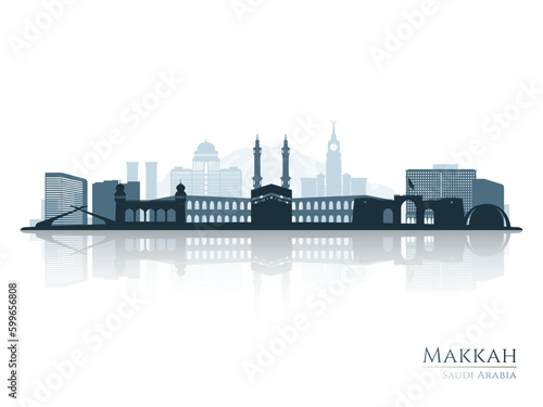Makkah skyline silhouette with reflection. Landscape Makkah, Saudi Arabia. Vector illustration.