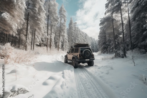 off-road adventure in the snow, with freshly fallen flake and tracks in the background, created with generative ai