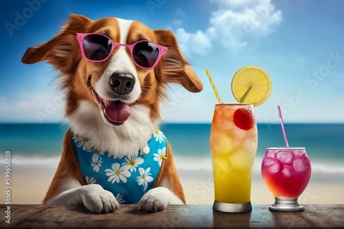 Funny Dog Drinking Cocktails at Beach Bar with Ocean View Background. Generative ai