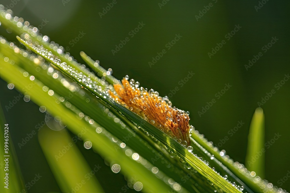 Fototapeta premium close-up of pollen-covered blade of grass, created with generative ai