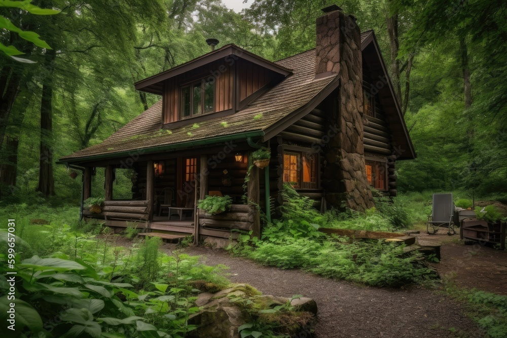 cozy cabin retreat surrounded by lush greenery and tall trees, created with generative ai cozy cabin retreat surrounded by lush greenery and tall trees, created with generative ai