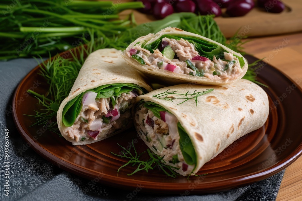 tuna salad wrap with mixed greens, red onion, and dill, created with generative ai tuna salad wrap with mixed greens, red onion, and dill, created with generative ai