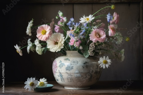 Wallpaper Mural pastel flowers in a vintage vase on a rustic, wooden table, created with generative ai Torontodigital.ca