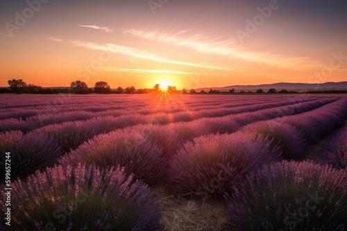 lavender field at sunset  with sun setting behind the horizon  created with generative ai