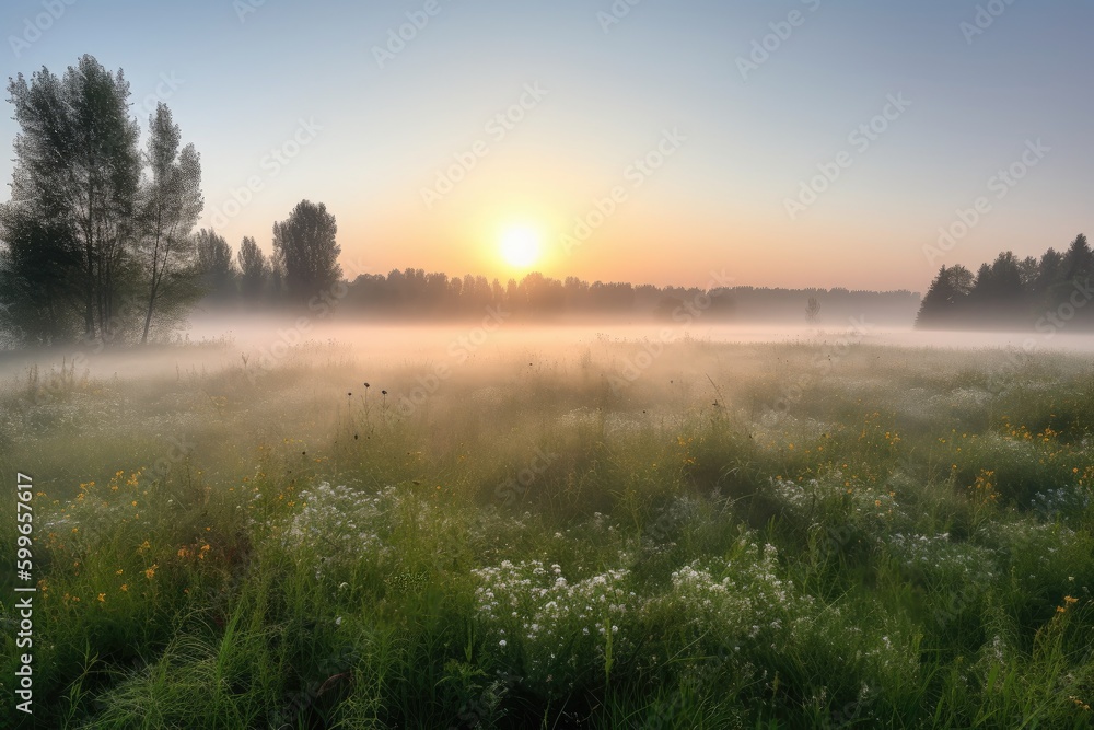 misty morning meadow with clear view of the sunrise in the distance, created with generative ai misty morning meadow with clear view of the sunrise in the distance, created with generative ai
