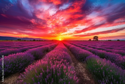 lavender field with dramatic sunset  the sky bursting into color  created with generative ai