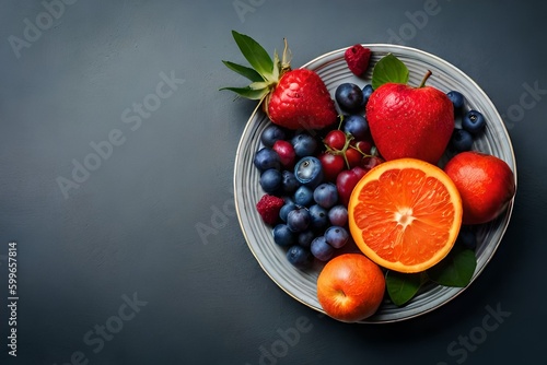 Top view image of flower  fruits  and vegetables composition over pastel background generative Ai Technology